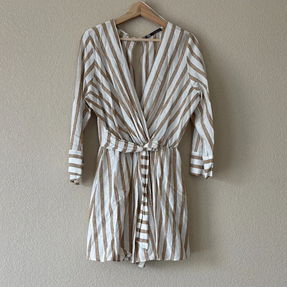 Zara Striped V-Neck Tie-Waist Linen Romper in White and Tan